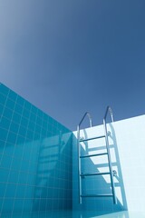 Stainless steel Ladder in the empty swimming pool without water on the clear sky background. Summer vacation concept. 3d illustration, rendering. Copy space