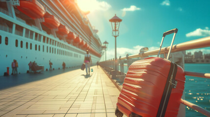 A luggage sitting in front of a large cruise ship. Vacation, cruise and travel concept. - obrazy, fototapety, plakaty