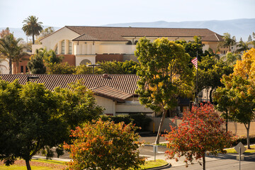 Santa Maria, California, USA - December 04, 2020: Afternoon sun shines on the urban core of...