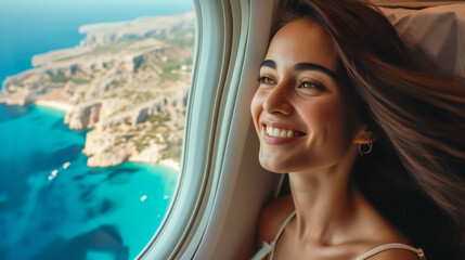 A young woman in airplane and a mediterranean landscape seen through the window