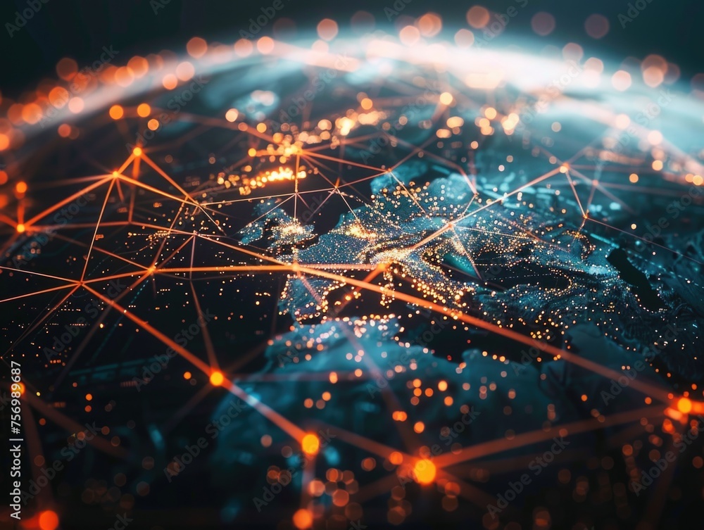 Poster close up of globe with network of lines connecting it