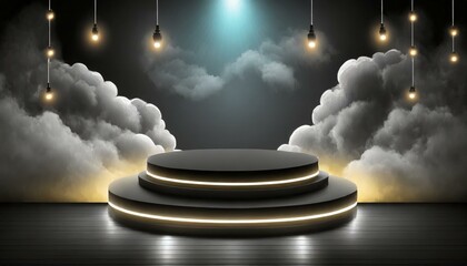 Intriguing Ambiance: Neon Luminous Black Stage with Spotlights and Clouds Effect