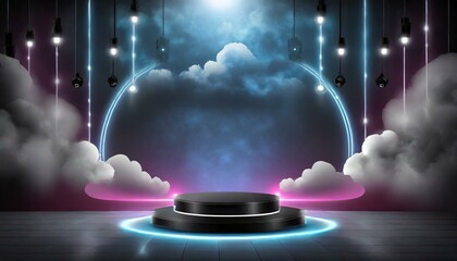 Fototapeta na wymiar Neon Dreamscape: Luminous Black Stage with Spotlights and Sparkling Clouds in 3D