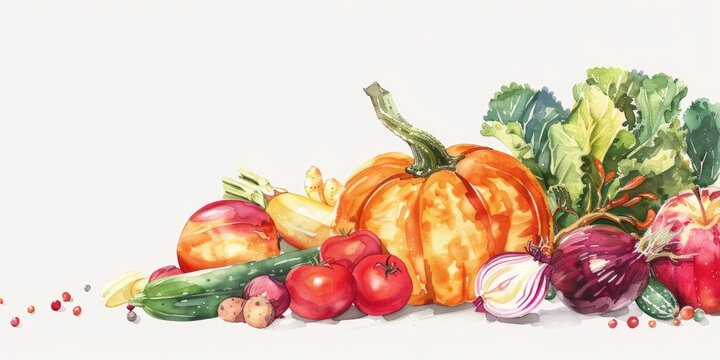 Painting of variety of vegetables including pumpkin, onions, and tomatoes