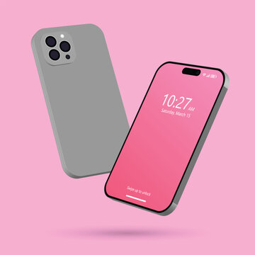 3d back and front view smartphone mockups. Cellphone frame with pink color screen isolated templates. 3d mobile phone device. 
