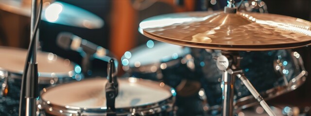 Close up of drum kit mics amplify drums