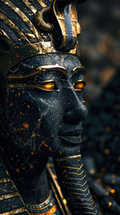 Dark stone statue with glowing eyes, representing an Egyptian god or pharoah