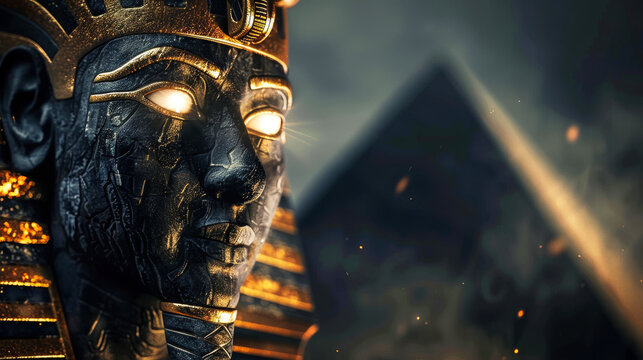 Dark stone statue with glowing eyes, representing an Egyptian god or pharoah