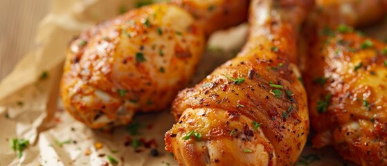 Close up view of a baked chicken drumstick on paper