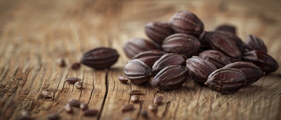Close up view of dried jojoba seeds on table - obrazy, fototapety, plakaty