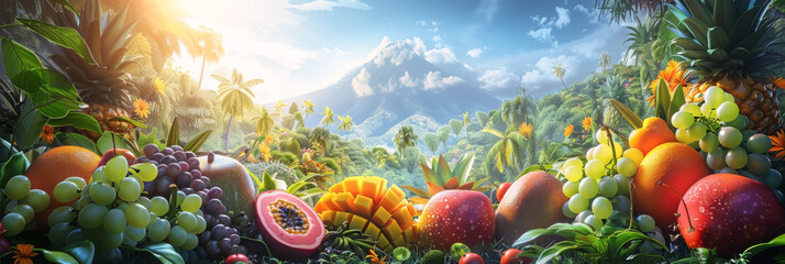 Various tropical fruits with tropical forrest background for web template and banner.