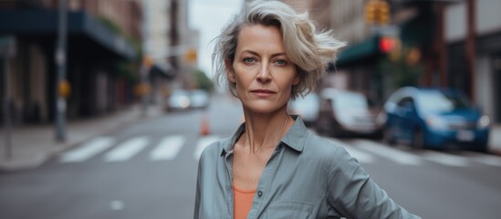 A woman in formal wear standing on a city street, smiling at the camera. Her electric blue dress complements the automotive exterior behind her, making the scene an eventful and fun travel moment