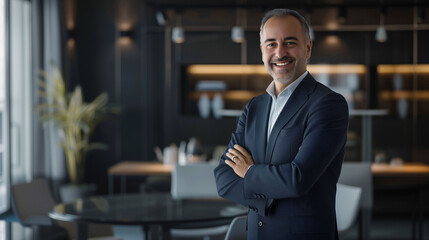 Fototapeta premium Smiling Corporate Leader in Modern Office Environment