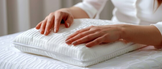 Obraz na płótnie Canvas Closeup of female hands on orthopedic pillow