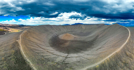Myvatn, Iceland. Aerial view of large Hverfjall volcano crater, Tephra cone or Tuff ring volcano on overcast day - 756990229