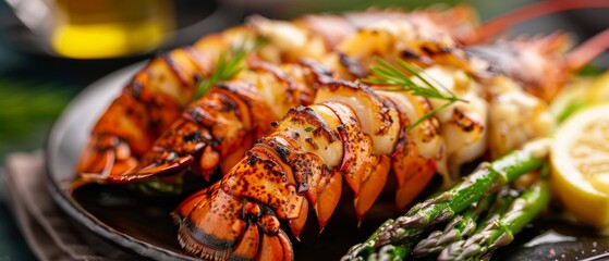 Closeup of grilled lobster tails with asparagus and bearnaise sauce - obrazy, fototapety, plakaty