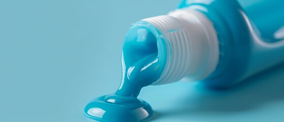 Closeup of open toothpaste tube with blue paste squeezed out