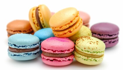 Fototapeta na wymiar Closeup of isolated macaroons on white background with vibrant colors