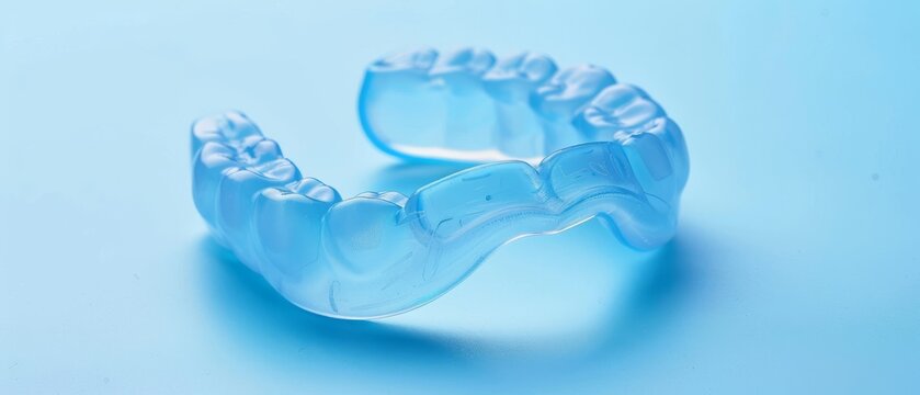 Closeup of light blue dental mouth guard for bite correction