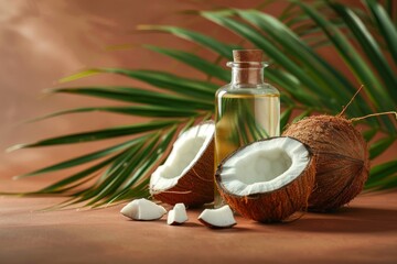 Fototapeta premium Coconut palm oil bottle with coconuts and palm tree leaf on brown background close up Healthy vegan skincare concept