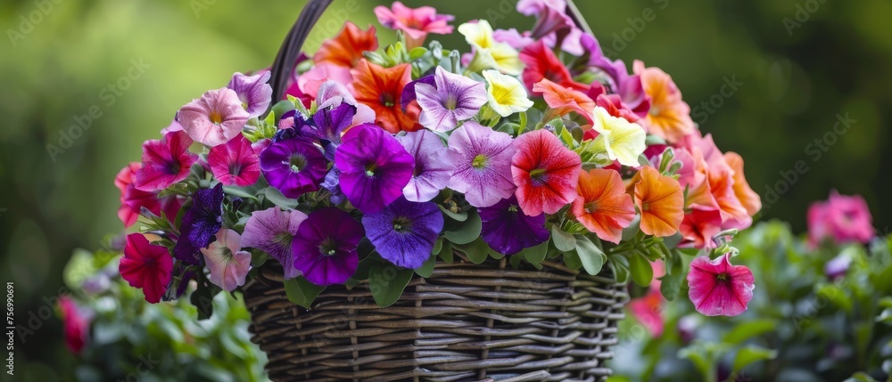 Poster Colorful petunias in outdoor basket