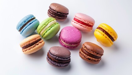 Obraz premium Colorful macarons on white background small French muffins