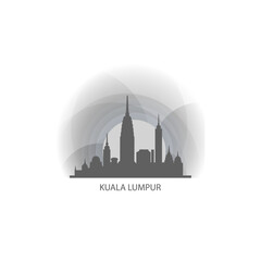 Kuala Lumpur cityscape skyline city panorama vector flat logo, modern icon. Malaysia emblem idea with landmarks and building silhouettes, isolated clipart at sunset, sunrise, night