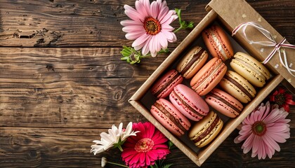 Colorful macarons and flowers on wooden table sweet macarons in gift box arranged flat - Powered by Adobe