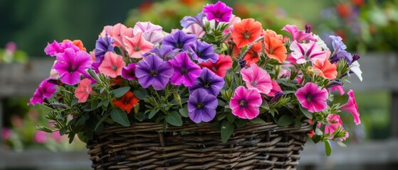 Fototapeta na wymiar Colorful petunias in an outdoor basket