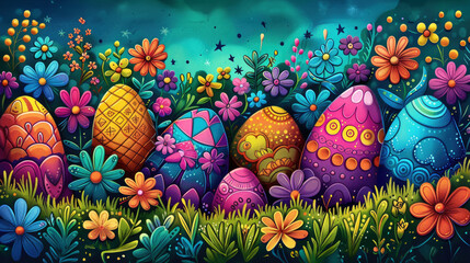 Rainbow eggs and spring meadow, a vibrant Easter pattern doodle, encapsulating springs awakening
