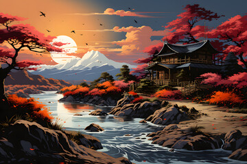 Traditional House Beside a River. Peaceful House Illustration