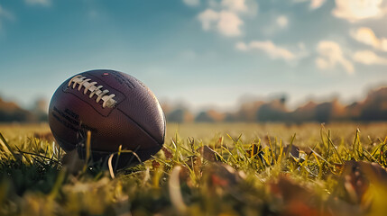 Closeup of American Football on Field with Copy Space, Sports Equipment for Game Day Concept, Generative AI

