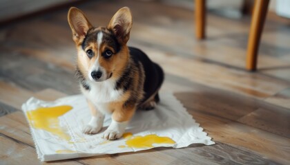 Corgi puppy with a stained diaper looks guilty Potty training and pet hygiene - obrazy, fototapety, plakaty