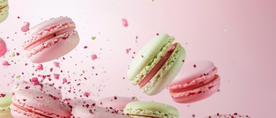 Cornet fallen with pink and light green macarons smashed Pink backdrop