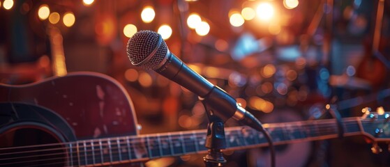 Country or bluegrass concert concept with acoustic guitar microphone and lights in front view Horizontal composition - obrazy, fototapety, plakaty
