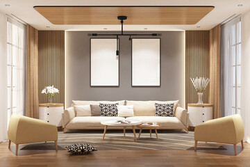 Scandinavian living interior with frame mock up on the wall. Design 3d rendering of brown and light woods. Design print for illustration, presentation, mock up, interior, zoom, background. Set 9