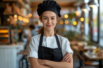 Confident female chef in professional attire with arms crossed in a bustling restaurant kitchen, symbolizing culinary expertise and hospitality