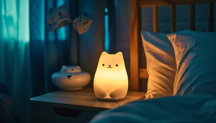 Cute cat shaped bedside lamp on a night table next to a bed in a dark bedroom