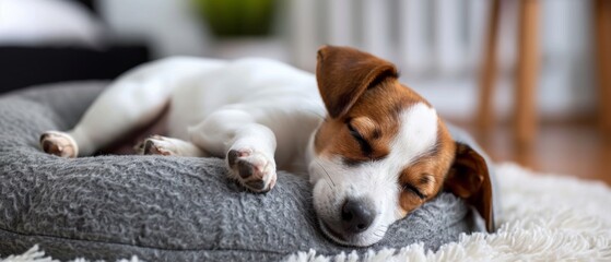 Cute puppy sleeping on a gray pillow with funny fur stains in a dog bed