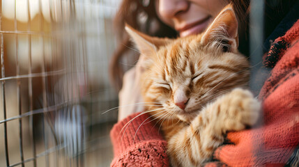 Close-Up of Female Volunteer Holding Hands with Cat, Concept of Pet Adoption and Animal Shelter Support, Generative AI

