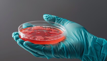 Doctor s scientist s glove with Petri dish containing MRSA bacteria culture