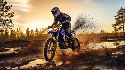 Obraz premium Motorcycle racer. Off-Road Race bike in action at evening in forest