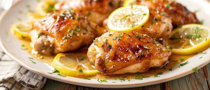 Detailed image of lemon chicken with tangy sauce and lemon slices on white plate atop rustic wood