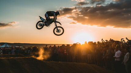 Motorcycle racer. Off-Road Race bike in action at evening in forest