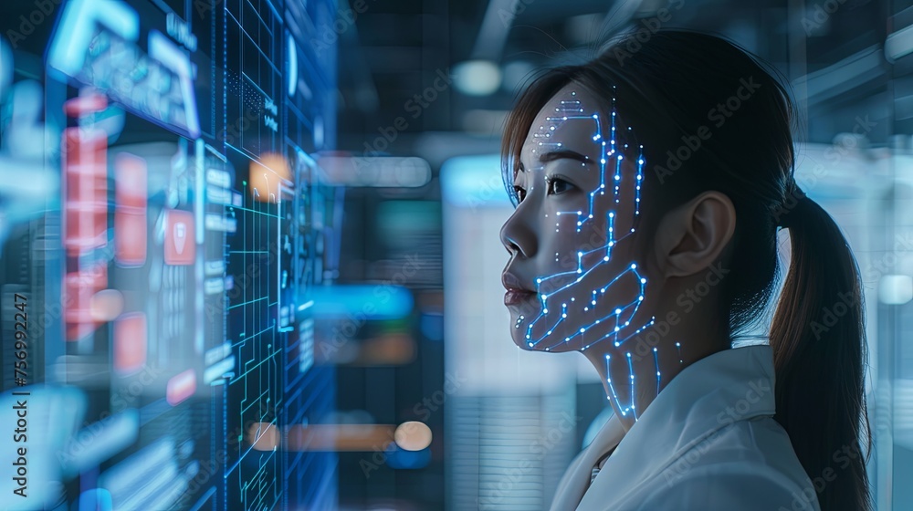 Poster woman interfacing with advanced technology display an asian woman with illuminated digital interface