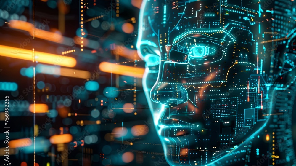 Poster futuristic artificial intelligence conceptual art digital representation of an ai face with circuit 