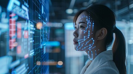 Woman Interfacing with Advanced Technology Display
 An Asian woman with illuminated digital interface graphics on her face analyzing data on a high-tech screen in a modern setting.
 - obrazy, fototapety, plakaty