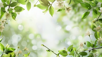 Ein schöner Frühling Hintergrund mit Blättern und kleinen Blumen auf einem hellen Hintergrund , A beautiful spring background with leaves and little flowers on a light background 