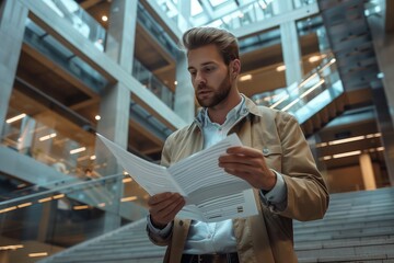 Focused businessman reading documents in a modern corporate environment, showcasing concentration and professionalism concept