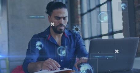 Image of digital interface over biracial man using technology